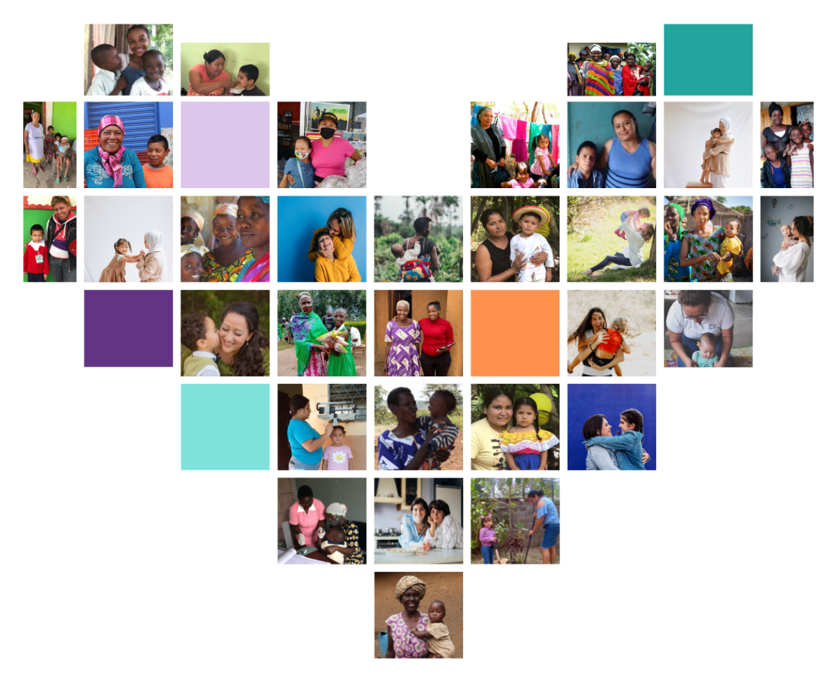 heart made up of color blocks and square photos of women and children from aroun