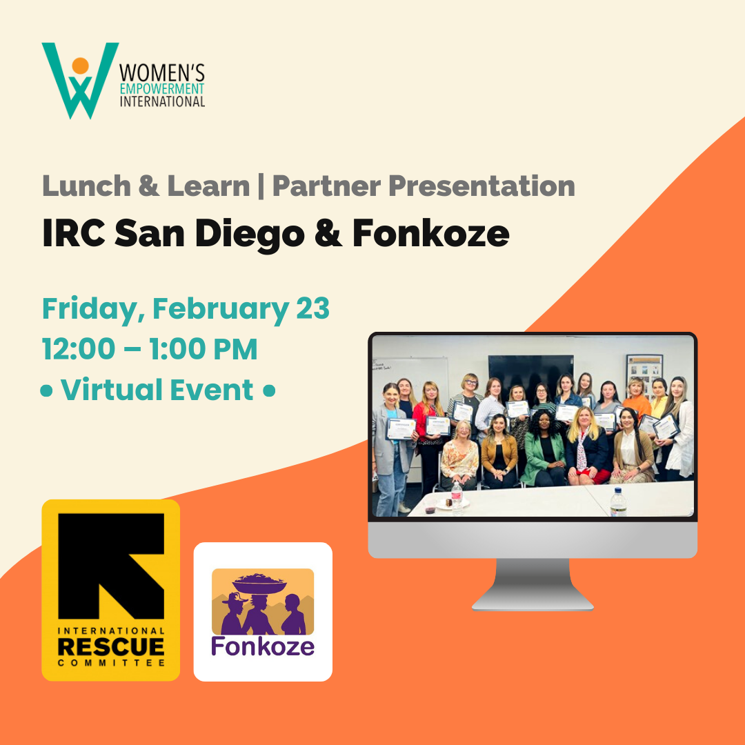 Virtual partner presentation graphic with logos for IRC and Fonkoze, along with a photo of the IRC San Diego business training cohort of women who immigrated from Ukraine